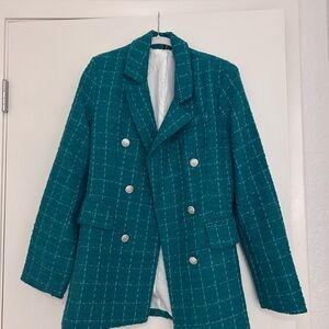 Teal Double-Breasted Tweed Blazer